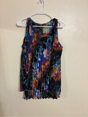 Nicole Miller Floral Pleated Sleeveless Blouse Top Multicolor Size L
